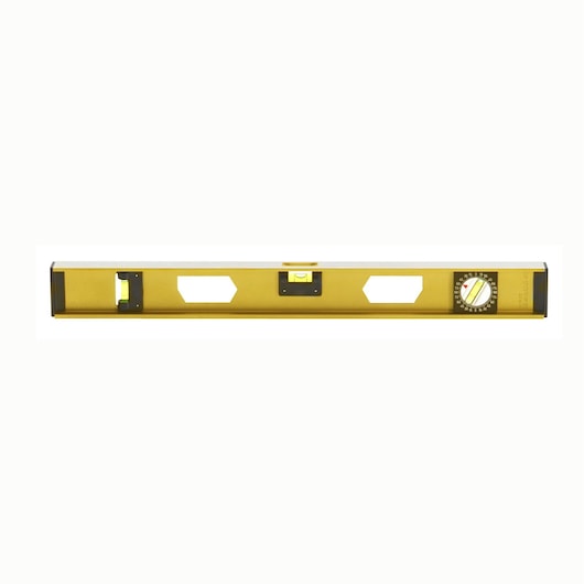 Facom level tool, yellow aluminum body, with three vials and angle gauge, front view, 311B_60.