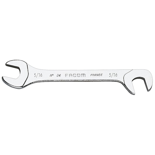 Facom 34_1_2 chrome finish open-end wrench, top view, 5/16 size, photography on white background.
