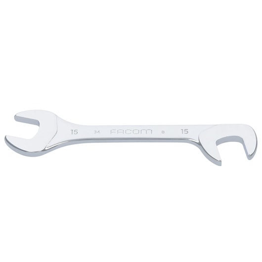 Photo of Facom 34_15 open-end wrench, silver chrome finish, front angle on white background.
