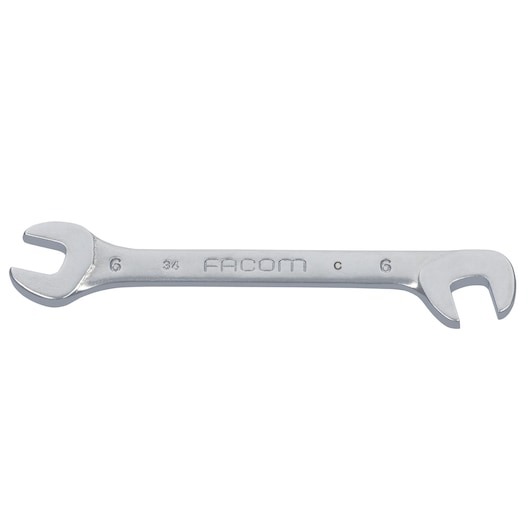 Facom 34_6 open-end wrench, silver, size 6 mm, tool photography, side angle on white background.