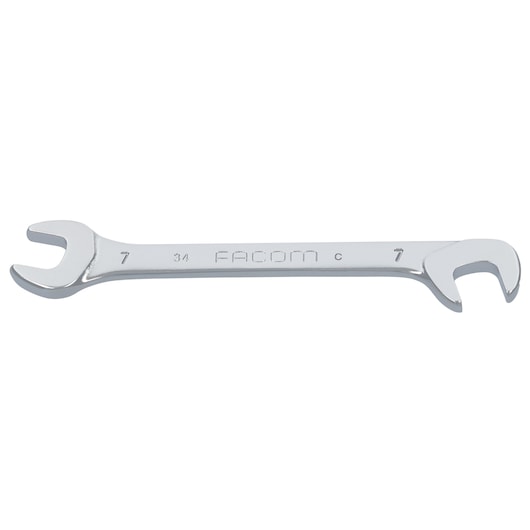 Facom 34_7 open-end wrench, silver, double-ended, viewed from the top on a white background.