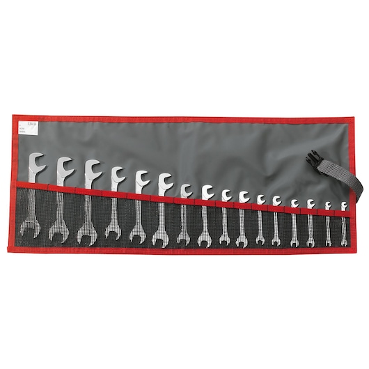 Facom 34_JL16T wrench set in a roll-up pouch, 16 pieces, top view on white background.