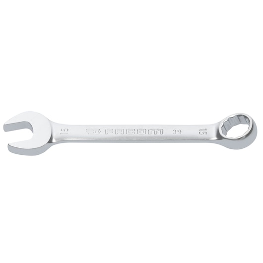 Facom 39_15 combination wrench, silver metal, box end and open end, side view on white background.