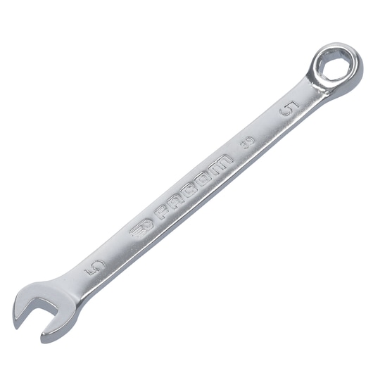 Facom 39_5H combination spanner, silver, open and ring ends, top view on white background.