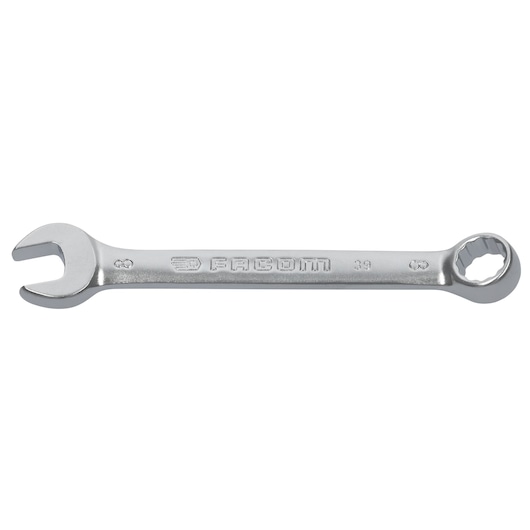 Facom 39_8 combination wrench, silver finish, photography, side angle on white background.
