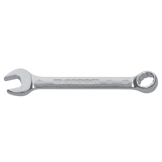 Photo of Facom 39_9 combination wrench with open and box end, silver finish, top view on white background.
