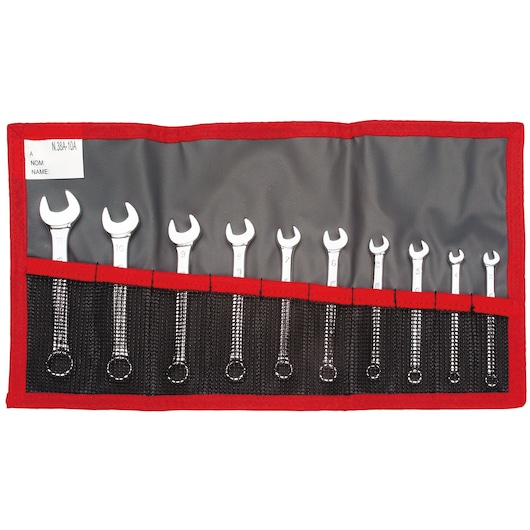 Facom 10-piece combination wrench set in a black and red roll-up pouch, SKU 39_JE10T, front view.