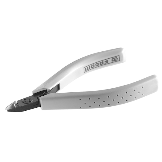 Facom 405_8MT photography of precision side cutting pliers with gray ergonomic handles, angled view.