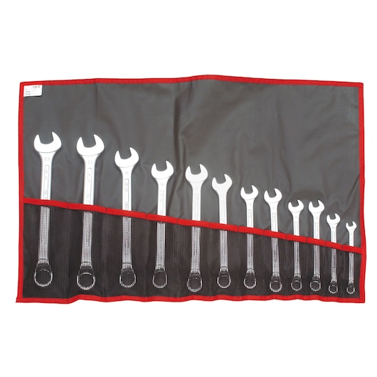 Facom 41_JE12T combination wrench set in roll-up pouch, front view, showing twelve wrenches, black and red trim.