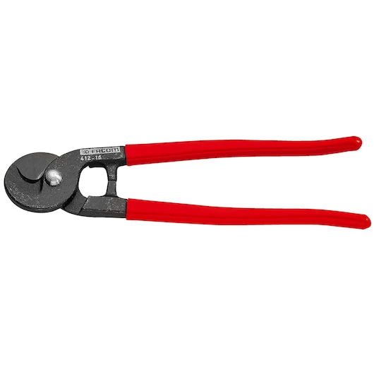 Photo of Facom 412_16 cable cutter with red handles, side angle, metal jaws, on white background.
