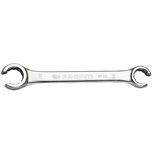 Facom open-end flare nut wrench with two sizes, photography, SKU 42_11_16x3_4, top view, silver finish.
