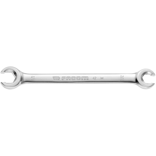 Facom 42_5_16x3_8 double open-end wrench, silver, front view on white background