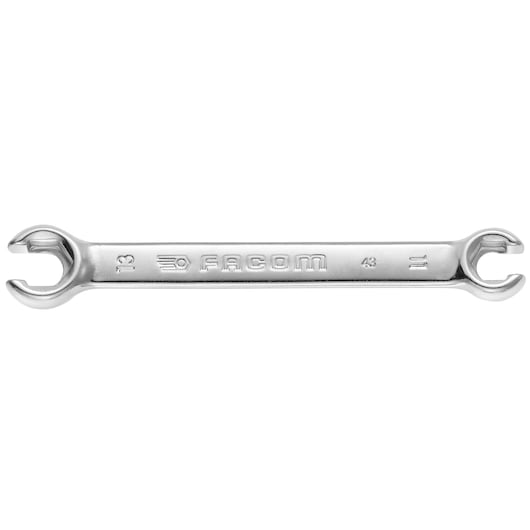 Facom double open-end flare nut wrench, chrome finish, SKU 43_7X9, tool photographed on white background.
