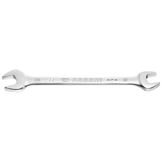 Photo of Facom combination open-end wrench 7/16 and 1/2 inch, SKU 44_1_2X9_16, front angle on white.