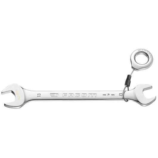 Facom open-end wrench with tether attachment, silver finish, SKU 44_14X15SLS, front angle.