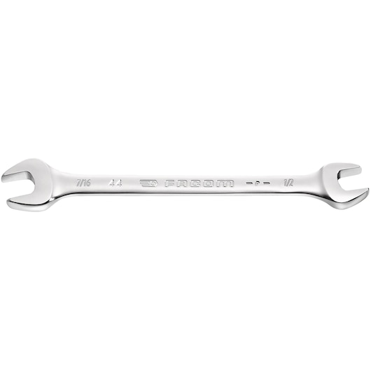 Facom 44.1PX1P1/16 open-end wrench, dual-size 7/16 and 1/2 inch, silver, front view on white background.