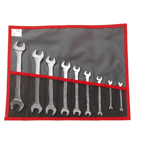 Facom wrench set 44JU8T in roll-up pouch, ten silver wrenches, front angle, red-trimmed black case.
