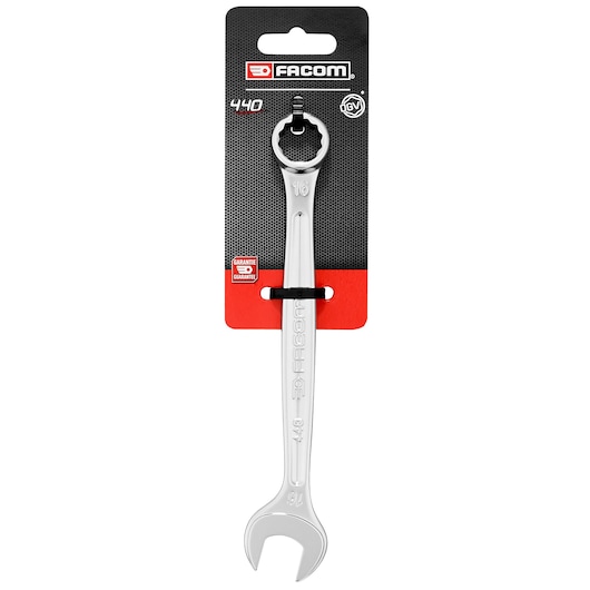 Facom 440_16PB combination wrench, silver, front view, attached to retail packaging.