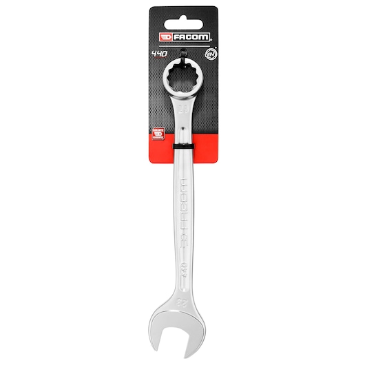 Photo of Facom 23mm combination wrench 440_23PB_P1 with chrome finish, shown on retail packaging, front angle.