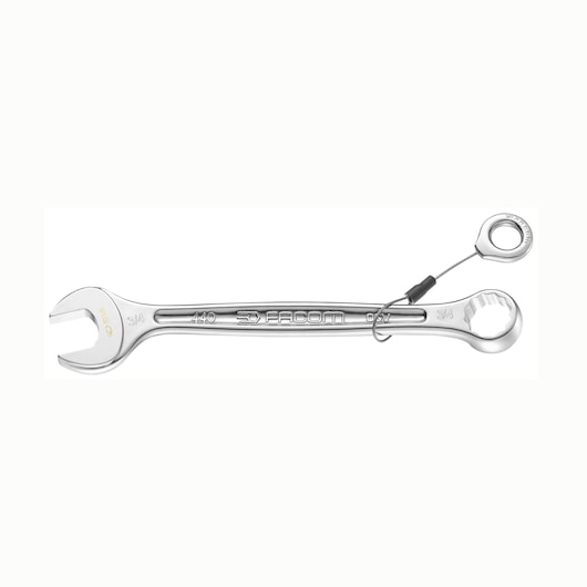 Facom 440.7/8SLS combination wrench with safety lanyard, silver finish, white background, side view.
