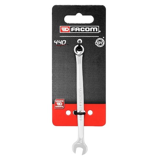 Facom 7mm combination wrench 440_7PB_P1 on branded black and red card, front view, product photography.