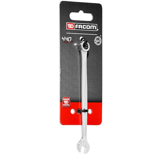 Facom 440_7PB_P2 7mm combination wrench on display card, front angle, silver finish, SKU COMBINATION_WRENCH_7MM.