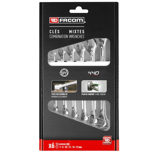 Facom 440.J6PB combination wrenches set, six-piece, silver, in retail packaging, front view.