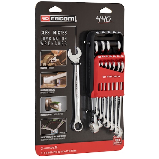Facom 440.JP12APB combination wrenches set, 12 pieces, silver chrome, in red and black holder, angled front view.