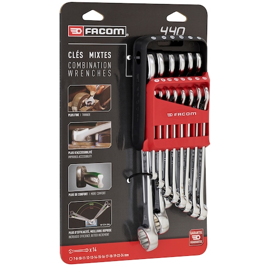 Photo of Facom 440.JP14PB combination wrench set with 14 pieces in a red holder, front angle on packaging.