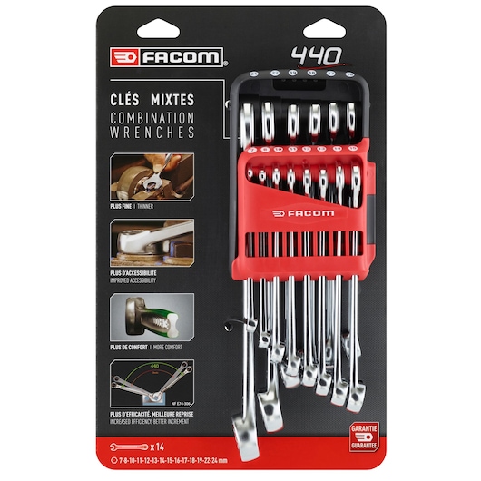 Facom 440.JP14PB combination wrenches set, 14 pieces in red and black holder, front view on retail packaging.