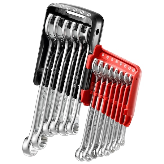 Facom 440JP14 combination spanner set with fourteen chrome wrenches in red and black plastic holders, front angle.