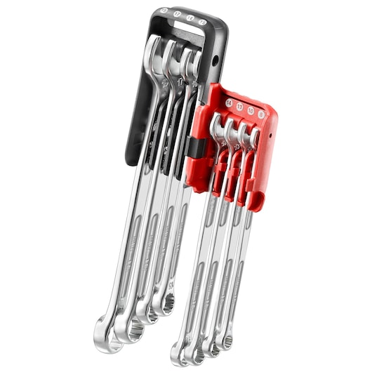 Facom 440XL_JP8PB combination wrench set with 8 chrome wrenches in red and black holder, front angle.