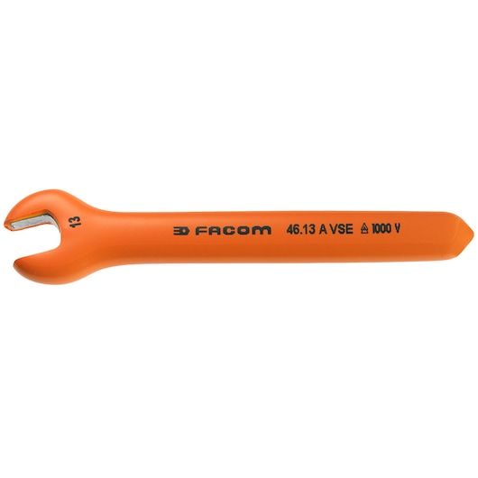 Photo of Facom 46_13AVSE insulated open-end wrench, orange handle, side view, marked for 1000V.