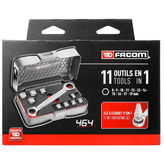 Facom 464_J1APB ratcheting wrench set with 11 sockets in black and red case, front angle on white background.
