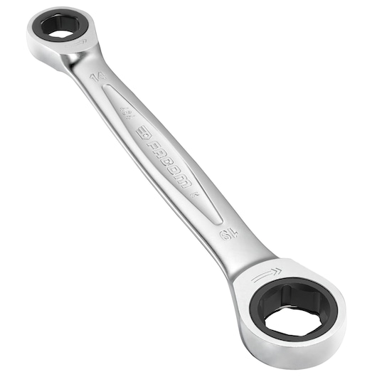Facom 464_M14x19 double box-end ratcheting wrench, chrome finish, top angle on white background.