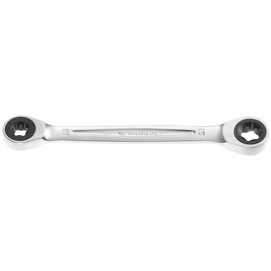 Facom 464TX_14X18 ratcheting double box-end wrench, silver finish, top view on white background.