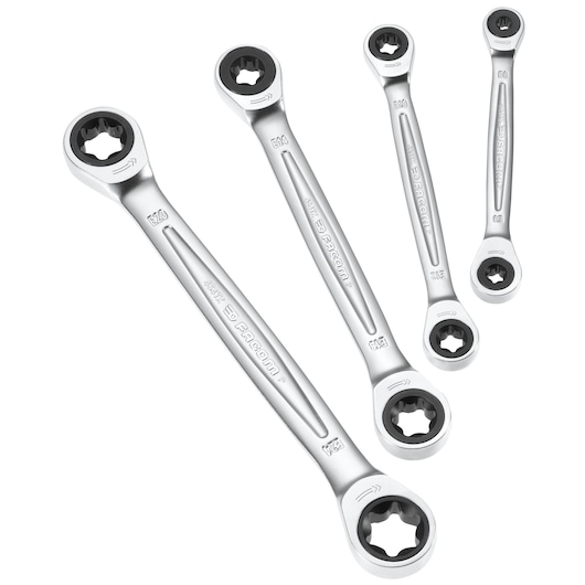 Facom 464TXJ4PB ratcheting wrench set, four silver wrenches, photography on white background.