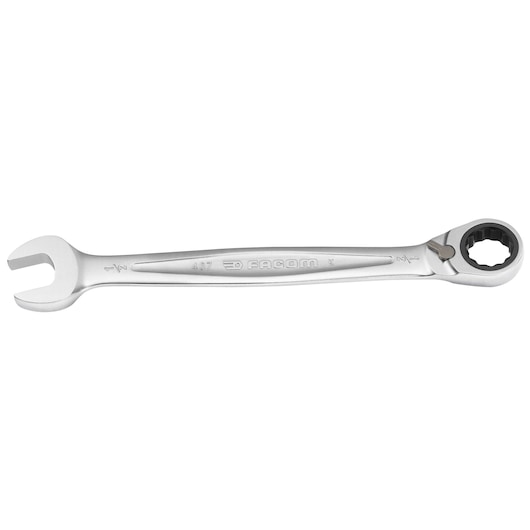 Facom 467_3_4 combination ratcheting wrench, silver finish, product photography, side angle on white background.