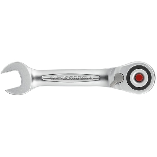 Facom 467ADAPT10MM ratcheting open-end wrench, silver finish, top view on white background.