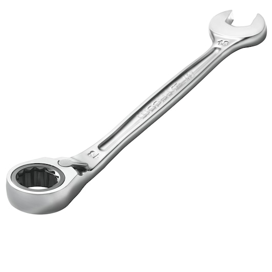 Facom 467B_12 ratcheting combination wrench with polished chrome finish, angled view on white background.