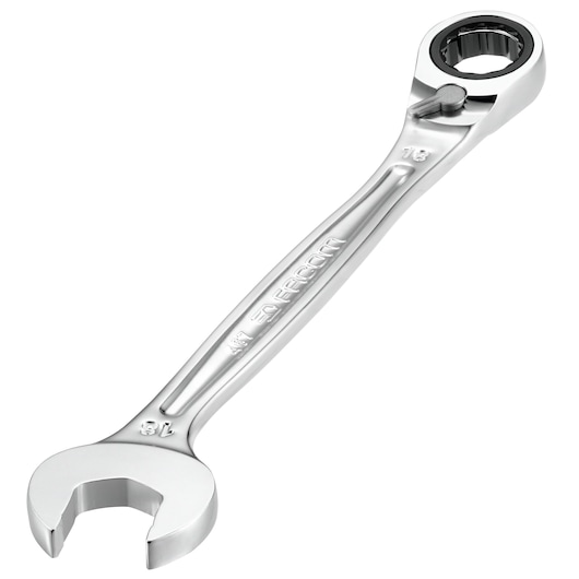 Facom 467B22 combination ratcheting wrench, silver finish, angled, isolated on white background.