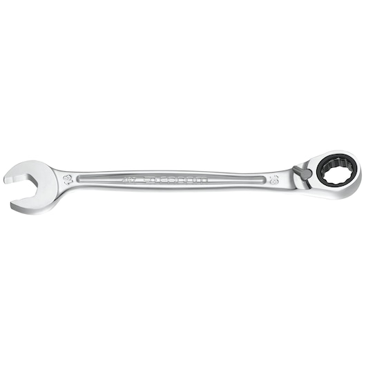Facom 467B.7PB ratcheting combination wrench, silver finish, top view, product photography.