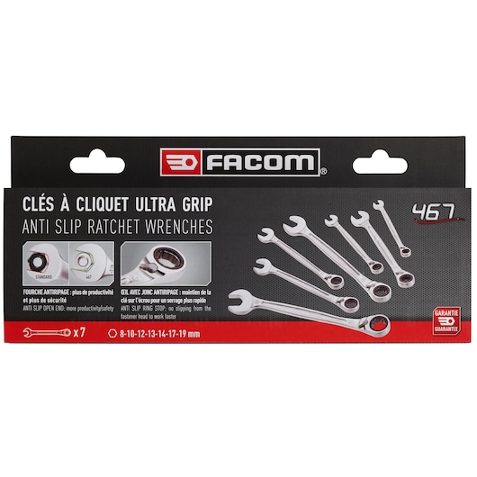 Facom 467B.J7PB set of 7 anti slip ratchet wrenches, silver, sizes 8-19 mm, front packaging photo on white background.