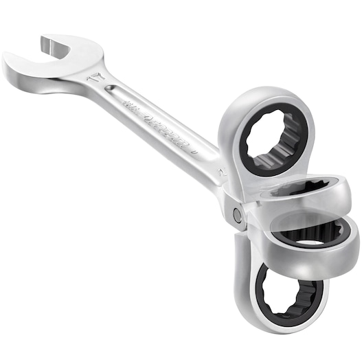 Facom 467BF_13 ratcheting combination wrench with pivoting head, silver finish, angled view on white background.