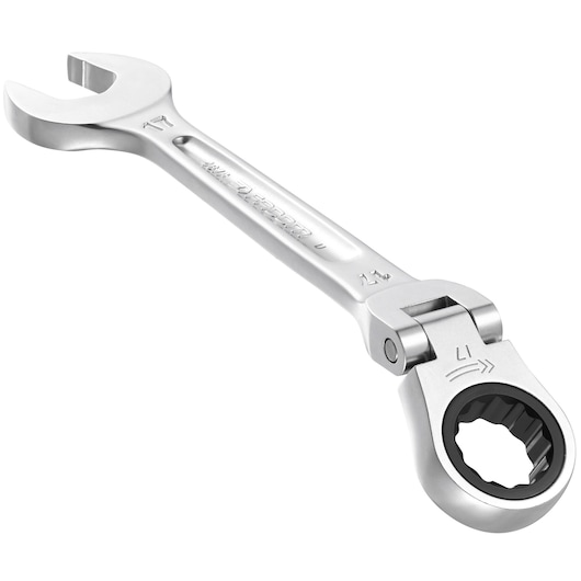 Facom 467BF_14 ratcheting combination wrench with pivot head, silver finish, shown at an angle on white background.