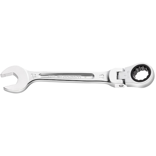 Facom 467BF_17 combination ratcheting wrench with flex head, silver finish, side view on white background.
