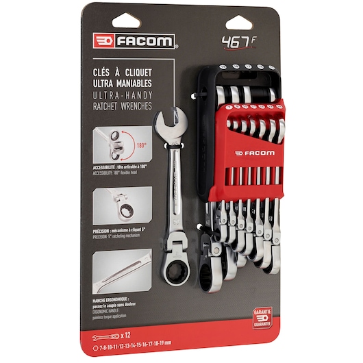 Facom 12-piece ratchet wrenches set in red and black holder, retail packaging, angled view, SKU 467BF.JP12PB.