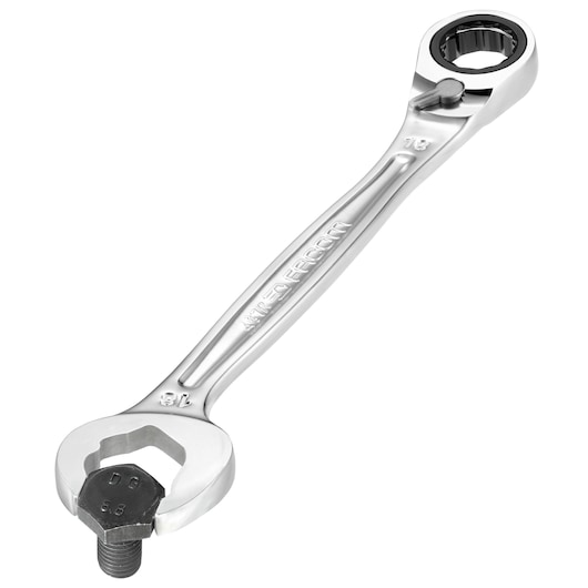 Photo of Facom 467BR_13 combination ratcheting wrench with open and ratcheting box ends, angled on white background.