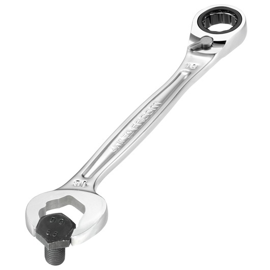 Photo of Facom combination ratcheting wrench, SKU 467BR_17, silver finish, angled on white background.