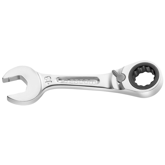 Facom 467BS15 ratcheting combination wrench, silver finish, front angle on white background.